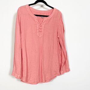 J Jill Linen V-Neck Popover Long Sleeve Tunic Shirt Top In Pink Size M